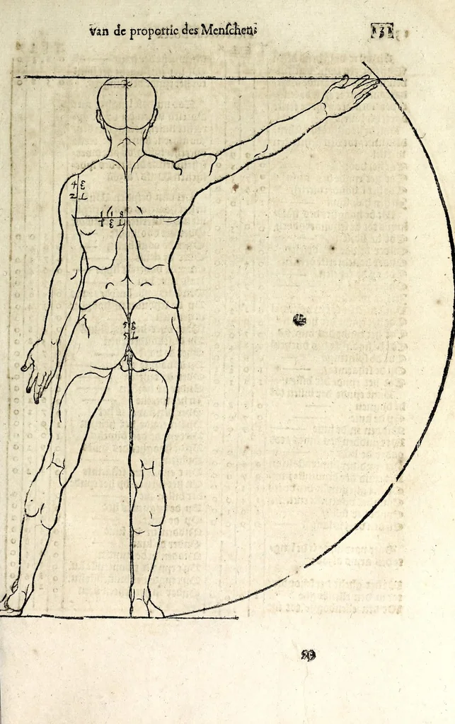 An illustration from Beschryvinghe van Albrecht Durer van de menschelijcke proportion : begrepen in vier onderscheyden boecken, zeer nut ende profijtelijck voor alle lief-hebbers defer konste : in't latijn ende hooghduytsch, tot Nurenbergh ghedruct, tot koste van syne nae-ghelaten weduvve, in't iaer ons Heeren 1527 : ende nu in onse Nederlandtsche sprake over-gheset, tot dienste der ghener die de konste beminnen, ende de latijnsche ofte hooghduytsche sprake niet en cerstaen, 1622, leaf 139
