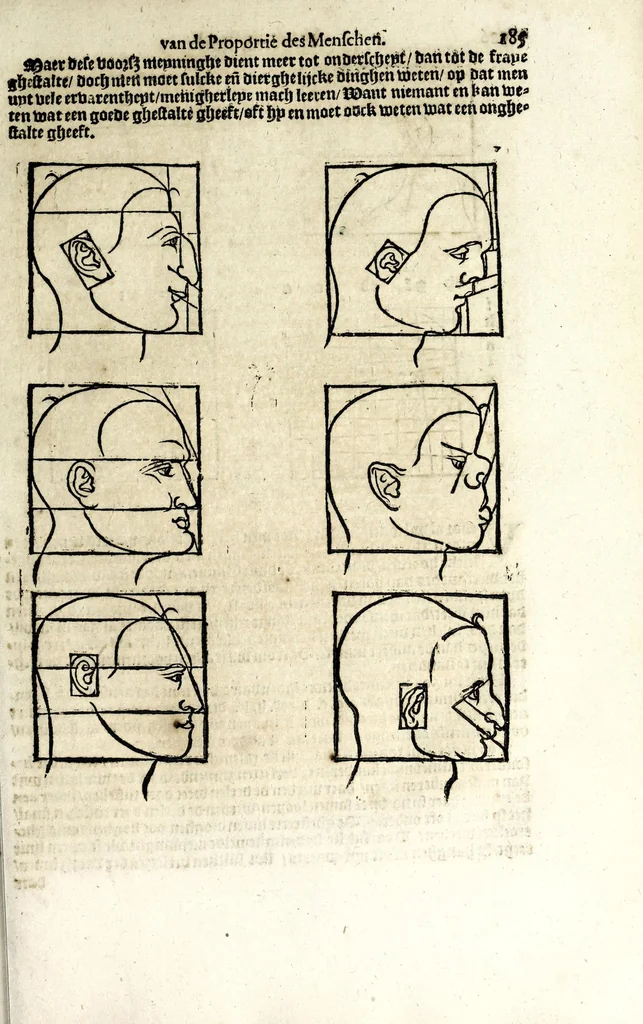 An illustration from Beschryvinghe van Albrecht Durer van de menschelijcke proportion : begrepen in vier onderscheyden boecken, zeer nut ende profijtelijck voor alle lief-hebbers defer konste : in't latijn ende hooghduytsch, tot Nurenbergh ghedruct, tot koste van syne nae-ghelaten weduvve, in't iaer ons Heeren 1527 : ende nu in onse Nederlandtsche sprake over-gheset, tot dienste der ghener die de konste beminnen, ende de latijnsche ofte hooghduytsche sprake niet en cerstaen, 1622, leaf 195
