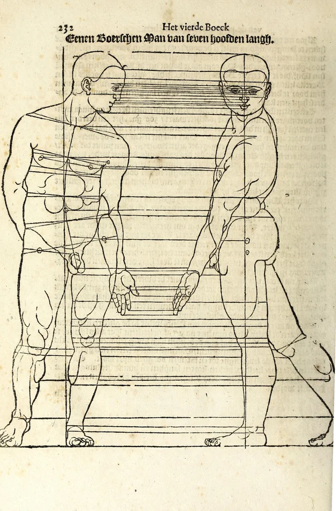 An illustration from Beschryvinghe van Albrecht Durer van de menschelijcke proportion : begrepen in vier onderscheyden boecken, zeer nut ende profijtelijck voor alle lief-hebbers defer konste : in't latijn ende hooghduytsch, tot Nurenbergh ghedruct, tot koste van syne nae-ghelaten weduvve, in't iaer ons Heeren 1527 : ende nu in onse Nederlandtsche sprake over-gheset, tot dienste der ghener die de konste beminnen, ende de latijnsche ofte hooghduytsche sprake niet en cerstaen, 1622, leaf 250