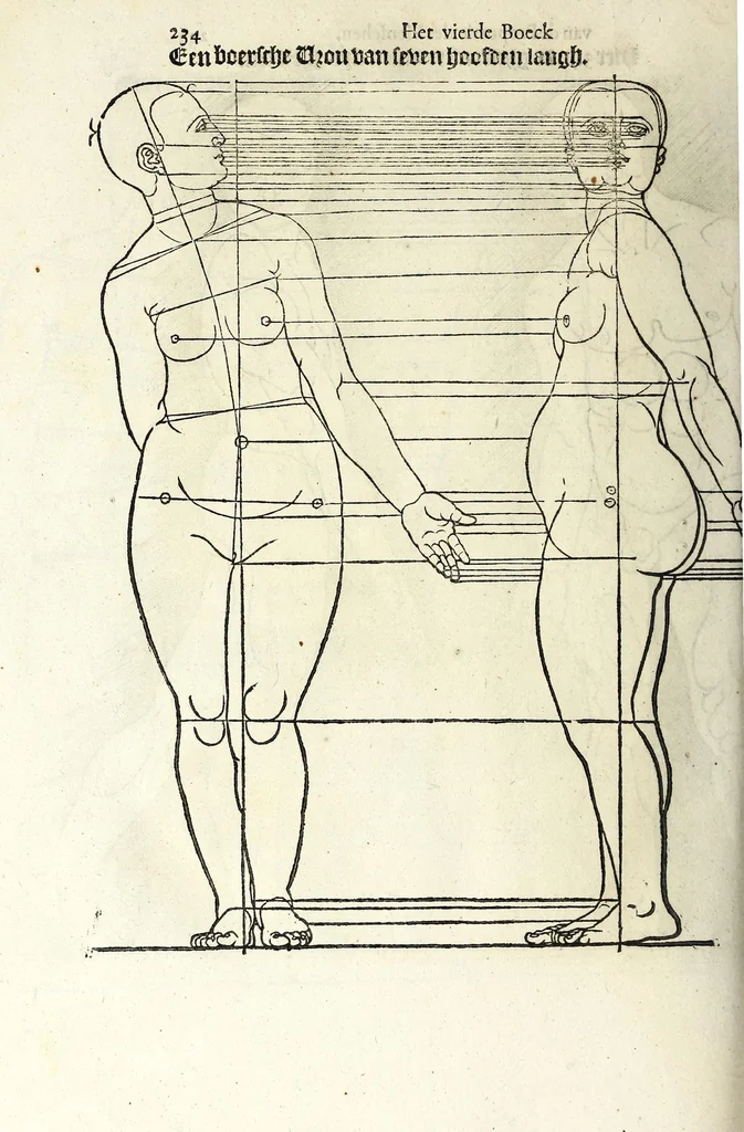 An illustration from Beschryvinghe van Albrecht Durer van de menschelijcke proportion : begrepen in vier onderscheyden boecken, zeer nut ende profijtelijck voor alle lief-hebbers defer konste : in't latijn ende hooghduytsch, tot Nurenbergh ghedruct, tot koste van syne nae-ghelaten weduvve, in't iaer ons Heeren 1527 : ende nu in onse Nederlandtsche sprake over-gheset, tot dienste der ghener die de konste beminnen, ende de latijnsche ofte hooghduytsche sprake niet en cerstaen, 1622, leaf 252