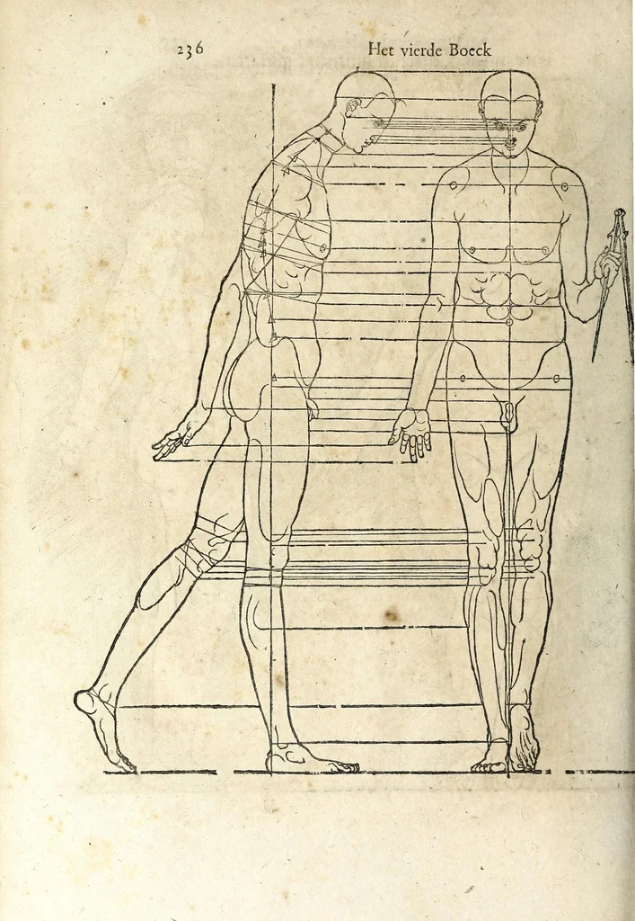 An illustration from Beschryvinghe van Albrecht Durer van de menschelijcke proportion : begrepen in vier onderscheyden boecken, zeer nut ende profijtelijck voor alle lief-hebbers defer konste : in't latijn ende hooghduytsch, tot Nurenbergh ghedruct, tot koste van syne nae-ghelaten weduvve, in't iaer ons Heeren 1527 : ende nu in onse Nederlandtsche sprake over-gheset, tot dienste der ghener die de konste beminnen, ende de latijnsche ofte hooghduytsche sprake niet en cerstaen, 1622, leaf 254
