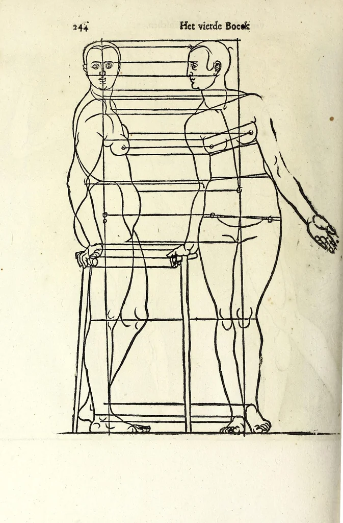An illustration from Beschryvinghe van Albrecht Durer van de menschelijcke proportion : begrepen in vier onderscheyden boecken, zeer nut ende profijtelijck voor alle lief-hebbers defer konste : in't latijn ende hooghduytsch, tot Nurenbergh ghedruct, tot koste van syne nae-ghelaten weduvve, in't iaer ons Heeren 1527 : ende nu in onse Nederlandtsche sprake over-gheset, tot dienste der ghener die de konste beminnen, ende de latijnsche ofte hooghduytsche sprake niet en cerstaen, 1622, leaf 262