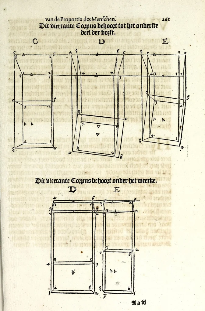 An illustration from Beschryvinghe van Albrecht Durer van de menschelijcke proportion : begrepen in vier onderscheyden boecken, zeer nut ende profijtelijck voor alle lief-hebbers defer konste : in't latijn ende hooghduytsch, tot Nurenbergh ghedruct, tot koste van syne nae-ghelaten weduvve, in't iaer ons Heeren 1527 : ende nu in onse Nederlandtsche sprake over-gheset, tot dienste der ghener die de konste beminnen, ende de latijnsche ofte hooghduytsche sprake niet en cerstaen, 1622, leaf 279