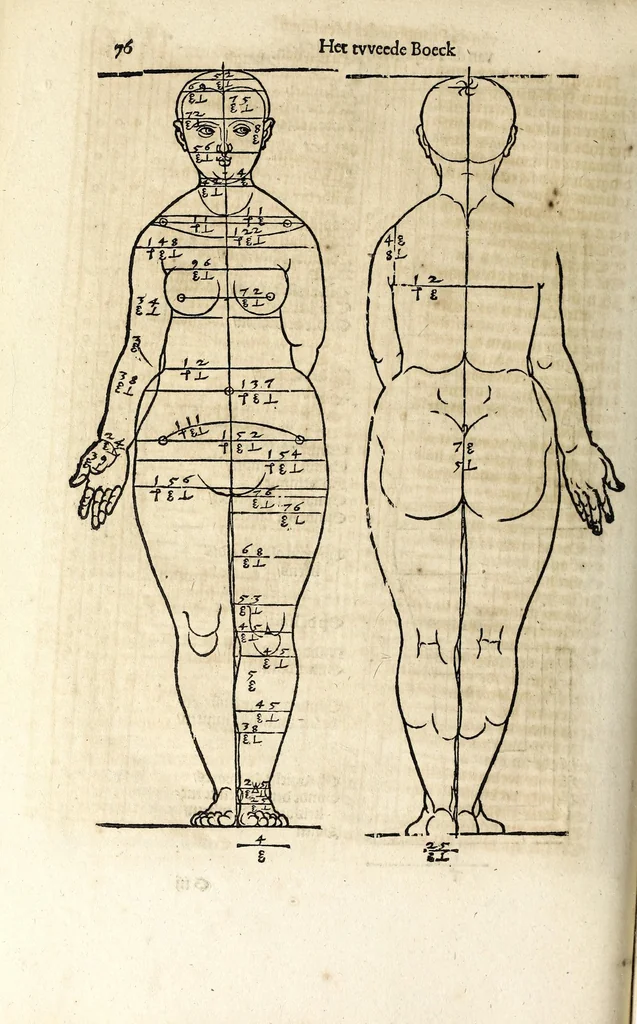 An illustration from Beschryvinghe van Albrecht Durer van de menschelijcke proportion : begrepen in vier onderscheyden boecken, zeer nut ende profijtelijck voor alle lief-hebbers defer konste : in't latijn ende hooghduytsch, tot Nurenbergh ghedruct, tot koste van syne nae-ghelaten weduvve, in't iaer ons Heeren 1527 : ende nu in onse Nederlandtsche sprake over-gheset, tot dienste der ghener die de konste beminnen, ende de latijnsche ofte hooghduytsche sprake niet en cerstaen, 1622, leaf 84