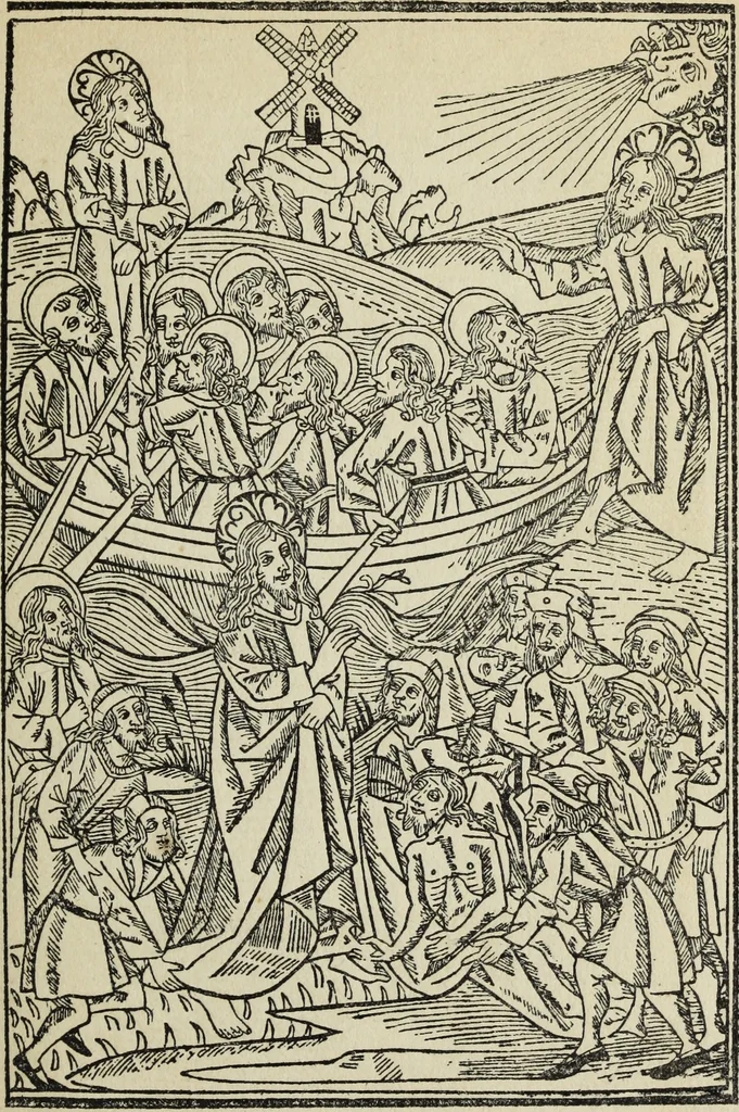 An illustration from Biblia pauperum, conteynynge thirty and eight wodecuttes illustrating the liif, parablis, and miraclis offe oure blessid Lord & Saviour Jhesus Crist, with the proper descrypciouns therof extracted fro the originall texte offe Iohn Wiclif.., 1885, leaf 102