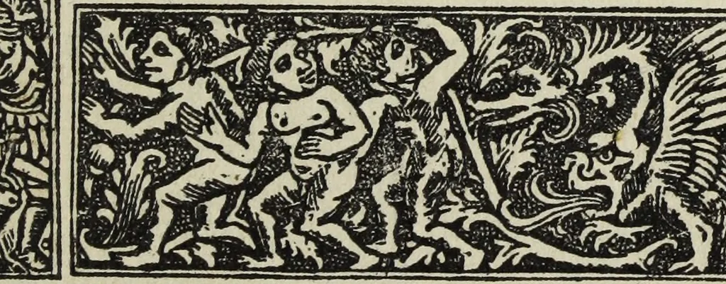 An illustration from Biblia pauperum, conteynynge thirty and eight wodecuttes illustrating the liif, parablis, and miraclis offe oure blessid Lord & Saviour Jhesus Crist, with the proper descrypciouns therof extracted fro the originall texte offe Iohn Wiclif.., 1885, leaf 104