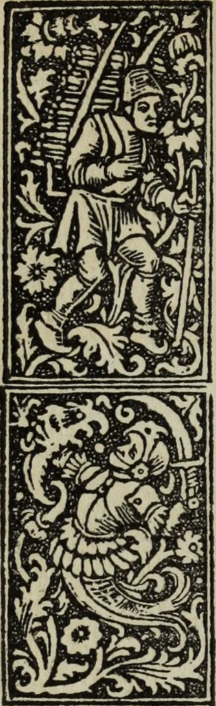 An illustration from Biblia pauperum, conteynynge thirty and eight wodecuttes illustrating the liif, parablis, and miraclis offe oure blessid Lord & Saviour Jhesus Crist, with the proper descrypciouns therof extracted fro the originall texte offe Iohn Wiclif.., 1885, leaf 105