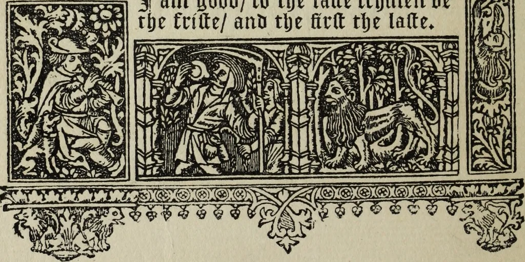 An illustration from Biblia pauperum, conteynynge thirty and eight wodecuttes illustrating the liif, parablis, and miraclis offe oure blessid Lord & Saviour Jhesus Crist, with the proper descrypciouns therof extracted fro the originall texte offe Iohn Wiclif.., 1885, leaf 105