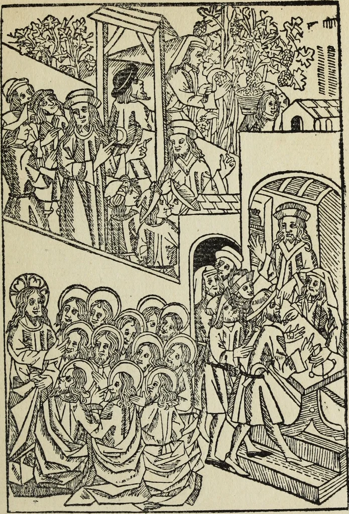 An illustration from Biblia pauperum, conteynynge thirty and eight wodecuttes illustrating the liif, parablis, and miraclis offe oure blessid Lord & Saviour Jhesus Crist, with the proper descrypciouns therof extracted fro the originall texte offe Iohn Wiclif.., 1885, leaf 106