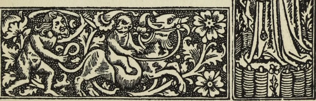 An illustration from Biblia pauperum, conteynynge thirty and eight wodecuttes illustrating the liif, parablis, and miraclis offe oure blessid Lord & Saviour Jhesus Crist, with the proper descrypciouns therof extracted fro the originall texte offe Iohn Wiclif.., 1885, leaf 108