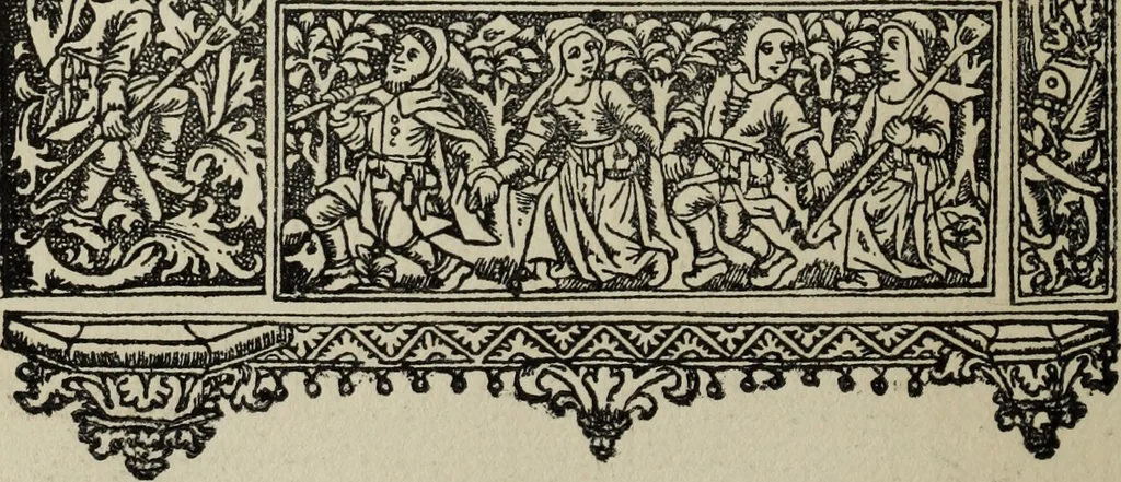An illustration from Biblia pauperum, conteynynge thirty and eight wodecuttes illustrating the liif, parablis, and miraclis offe oure blessid Lord & Saviour Jhesus Crist, with the proper descrypciouns therof extracted fro the originall texte offe Iohn Wiclif.., 1885, leaf 109