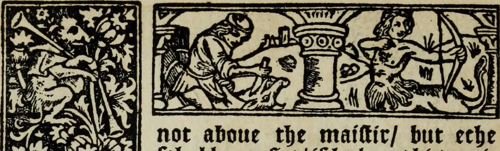 An illustration from Biblia pauperum, conteynynge thirty and eight wodecuttes illustrating the liif, parablis, and miraclis offe oure blessid Lord & Saviour Jhesus Crist, with the proper descrypciouns therof extracted fro the originall texte offe Iohn Wiclif.., 1885, leaf 113