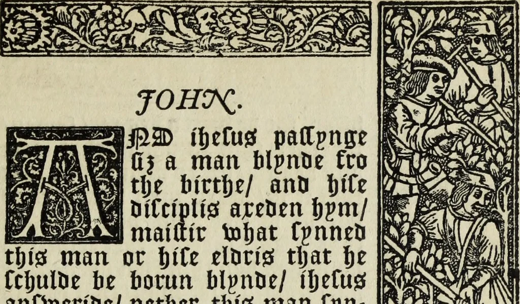 An illustration from Biblia pauperum, conteynynge thirty and eight wodecuttes illustrating the liif, parablis, and miraclis offe oure blessid Lord & Saviour Jhesus Crist, with the proper descrypciouns therof extracted fro the originall texte offe Iohn Wiclif.., 1885, leaf 116