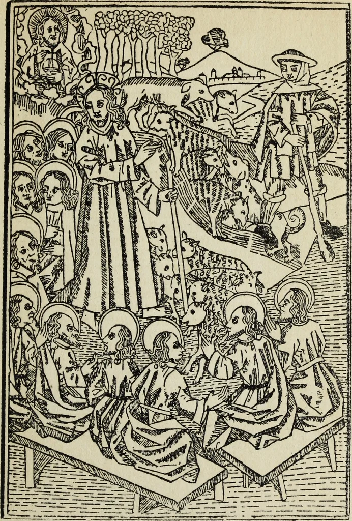 An illustration from Biblia pauperum, conteynynge thirty and eight wodecuttes illustrating the liif, parablis, and miraclis offe oure blessid Lord & Saviour Jhesus Crist, with the proper descrypciouns therof extracted fro the originall texte offe Iohn Wiclif.., 1885, leaf 122