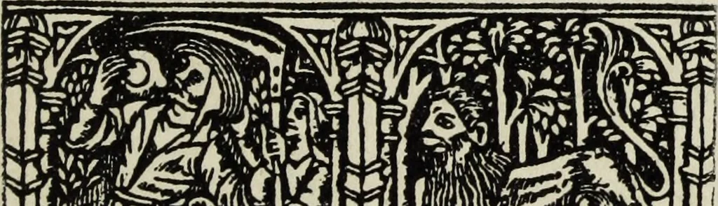 An illustration from Biblia pauperum, conteynynge thirty and eight wodecuttes illustrating the liif, parablis, and miraclis offe oure blessid Lord & Saviour Jhesus Crist, with the proper descrypciouns therof extracted fro the originall texte offe Iohn Wiclif.., 1885, leaf 124