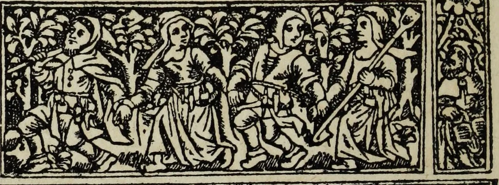 An illustration from Biblia pauperum, conteynynge thirty and eight wodecuttes illustrating the liif, parablis, and miraclis offe oure blessid Lord & Saviour Jhesus Crist, with the proper descrypciouns therof extracted fro the originall texte offe Iohn Wiclif.., 1885, leaf 129