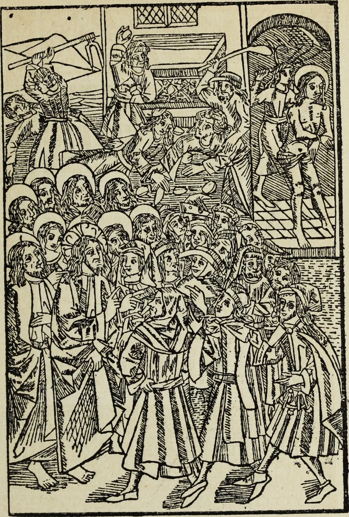 An illustration from Biblia pauperum, conteynynge thirty and eight wodecuttes illustrating the liif, parablis, and miraclis offe oure blessid Lord & Saviour Jhesus Crist, with the proper descrypciouns therof extracted fro the originall texte offe Iohn Wiclif.., 1885, leaf 130