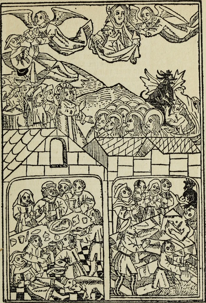 An illustration from Biblia pauperum, conteynynge thirty and eight wodecuttes illustrating the liif, parablis, and miraclis offe oure blessid Lord & Saviour Jhesus Crist, with the proper descrypciouns therof extracted fro the originall texte offe Iohn Wiclif.., 1885, leaf 134
