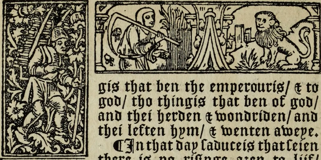 An illustration from Biblia pauperum, conteynynge thirty and eight wodecuttes illustrating the liif, parablis, and miraclis offe oure blessid Lord & Saviour Jhesus Crist, with the proper descrypciouns therof extracted fro the originall texte offe Iohn Wiclif.., 1885, leaf 137