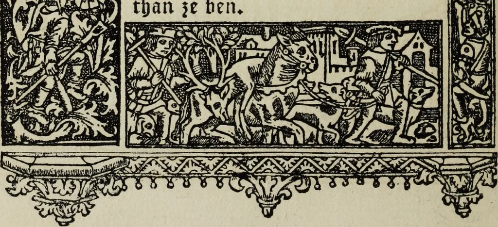 An illustration from Biblia pauperum, conteynynge thirty and eight wodecuttes illustrating the liif, parablis, and miraclis offe oure blessid Lord & Saviour Jhesus Crist, with the proper descrypciouns therof extracted fro the originall texte offe Iohn Wiclif.., 1885, leaf 141