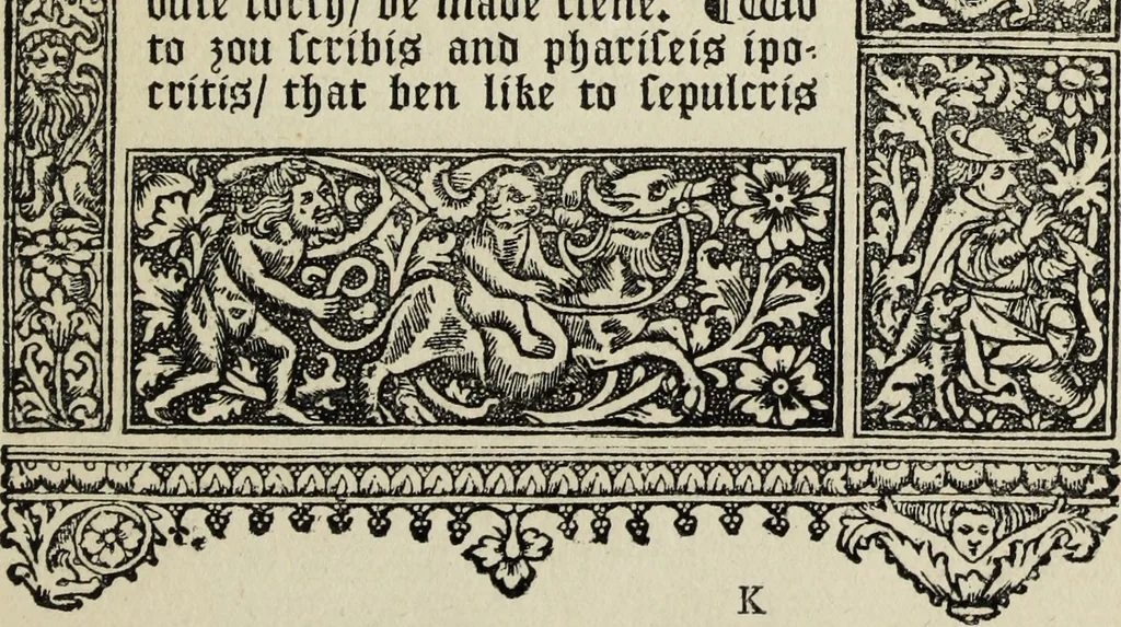 An illustration from Biblia pauperum, conteynynge thirty and eight wodecuttes illustrating the liif, parablis, and miraclis offe oure blessid Lord & Saviour Jhesus Crist, with the proper descrypciouns therof extracted fro the originall texte offe Iohn Wiclif.., 1885, leaf 144