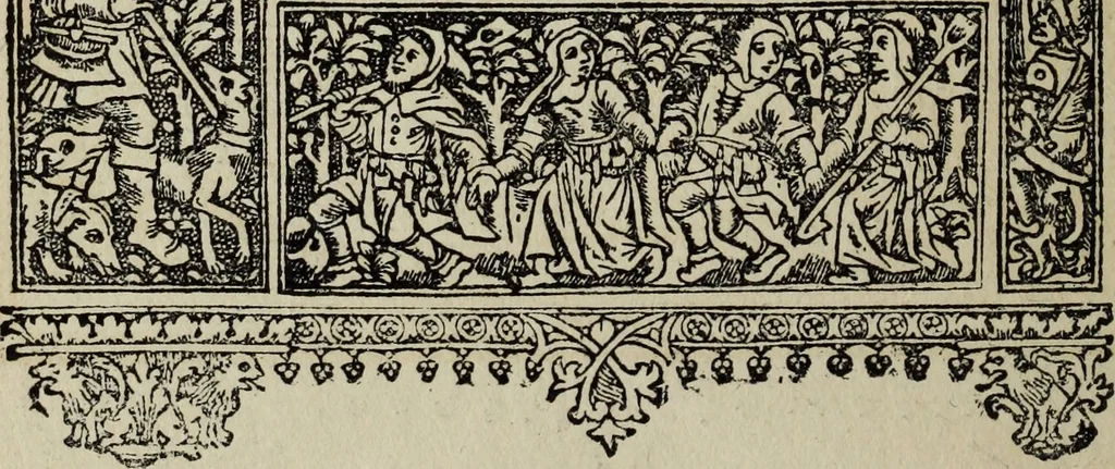 An illustration from Biblia pauperum, conteynynge thirty and eight wodecuttes illustrating the liif, parablis, and miraclis offe oure blessid Lord & Saviour Jhesus Crist, with the proper descrypciouns therof extracted fro the originall texte offe Iohn Wiclif.., 1885, leaf 145