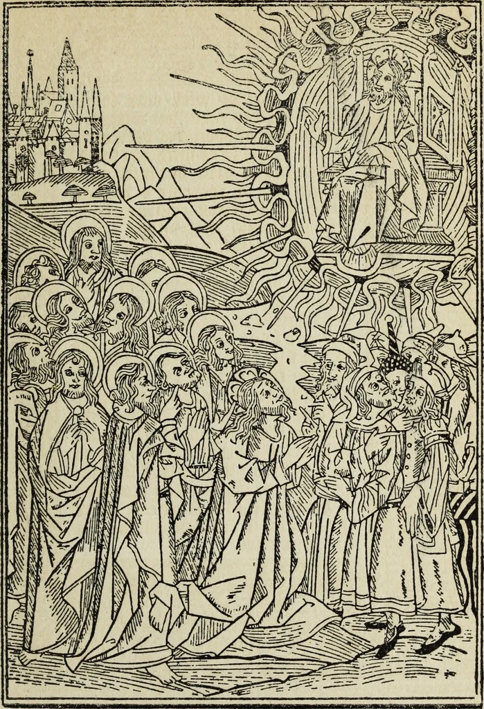 An illustration from Biblia pauperum, conteynynge thirty and eight wodecuttes illustrating the liif, parablis, and miraclis offe oure blessid Lord & Saviour Jhesus Crist, with the proper descrypciouns therof extracted fro the originall texte offe Iohn Wiclif.., 1885, leaf 146