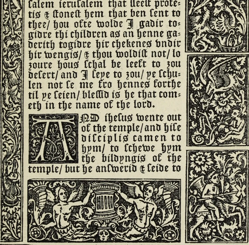 An illustration from Biblia pauperum, conteynynge thirty and eight wodecuttes illustrating the liif, parablis, and miraclis offe oure blessid Lord & Saviour Jhesus Crist, with the proper descrypciouns therof extracted fro the originall texte offe Iohn Wiclif.., 1885, leaf 148