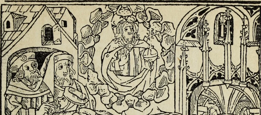 An illustration from Biblia pauperum, conteynynge thirty and eight wodecuttes illustrating the liif, parablis, and miraclis offe oure blessid Lord & Saviour Jhesus Crist, with the proper descrypciouns therof extracted fro the originall texte offe Iohn Wiclif.., 1885, leaf 150
