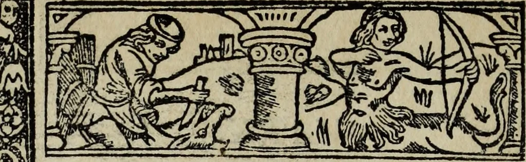 An illustration from Biblia pauperum, conteynynge thirty and eight wodecuttes illustrating the liif, parablis, and miraclis offe oure blessid Lord & Saviour Jhesus Crist, with the proper descrypciouns therof extracted fro the originall texte offe Iohn Wiclif.., 1885, leaf 153