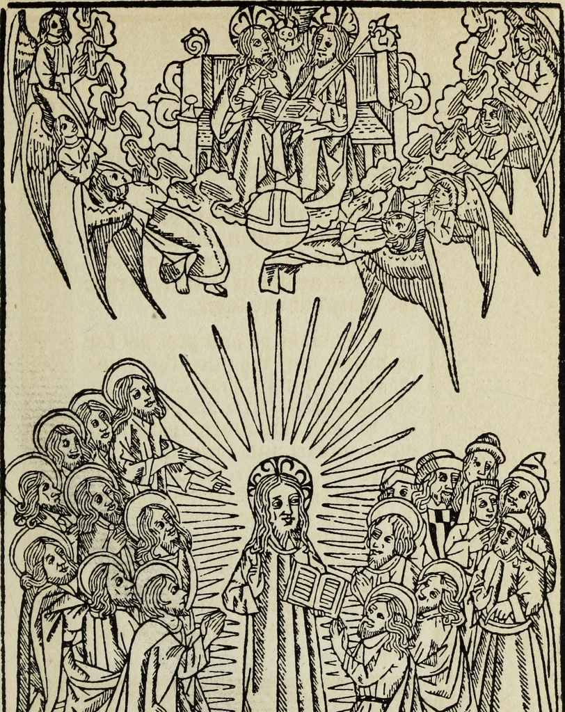 An illustration from Biblia pauperum, conteynynge thirty and eight wodecuttes illustrating the liif, parablis, and miraclis offe oure blessid Lord & Saviour Jhesus Crist, with the proper descrypciouns therof extracted fro the originall texte offe Iohn Wiclif.., 1885, leaf 154