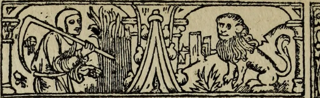 An illustration from Biblia pauperum, conteynynge thirty and eight wodecuttes illustrating the liif, parablis, and miraclis offe oure blessid Lord & Saviour Jhesus Crist, with the proper descrypciouns therof extracted fro the originall texte offe Iohn Wiclif.., 1885, leaf 157