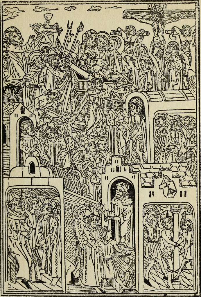 An illustration from Biblia pauperum, conteynynge thirty and eight wodecuttes illustrating the liif, parablis, and miraclis offe oure blessid Lord & Saviour Jhesus Crist, with the proper descrypciouns therof extracted fro the originall texte offe Iohn Wiclif.., 1885, leaf 158