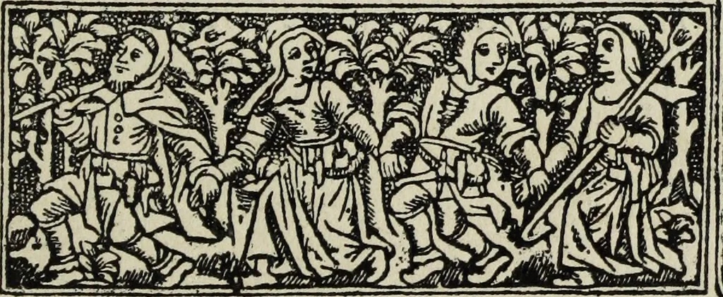 An illustration from Biblia pauperum, conteynynge thirty and eight wodecuttes illustrating the liif, parablis, and miraclis offe oure blessid Lord & Saviour Jhesus Crist, with the proper descrypciouns therof extracted fro the originall texte offe Iohn Wiclif.., 1885, leaf 16