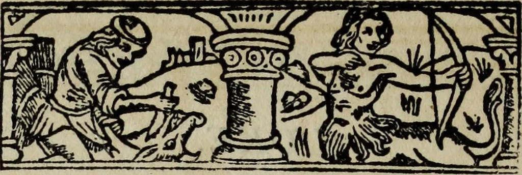 An illustration from Biblia pauperum, conteynynge thirty and eight wodecuttes illustrating the liif, parablis, and miraclis offe oure blessid Lord & Saviour Jhesus Crist, with the proper descrypciouns therof extracted fro the originall texte offe Iohn Wiclif.., 1885, leaf 165