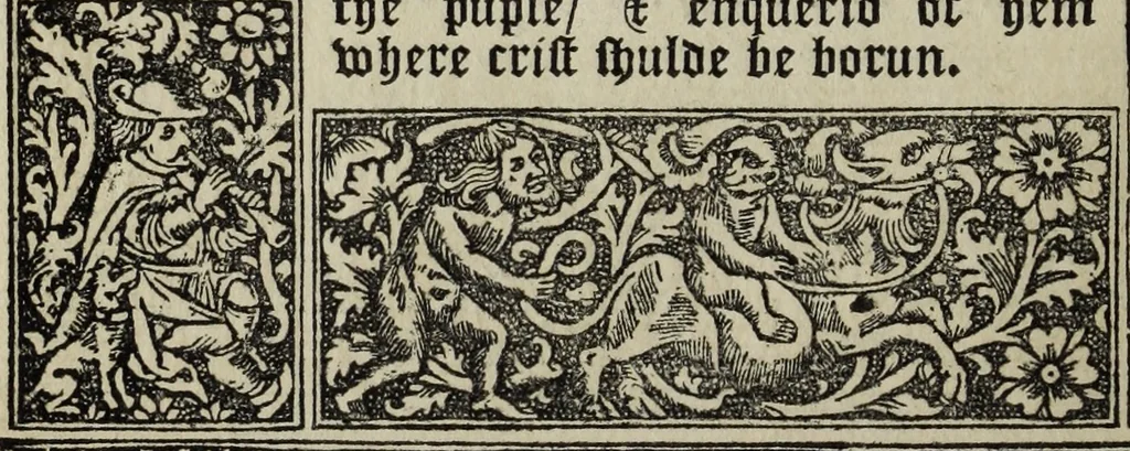 An illustration from Biblia pauperum, conteynynge thirty and eight wodecuttes illustrating the liif, parablis, and miraclis offe oure blessid Lord & Saviour Jhesus Crist, with the proper descrypciouns therof extracted fro the originall texte offe Iohn Wiclif.., 1885, leaf 17