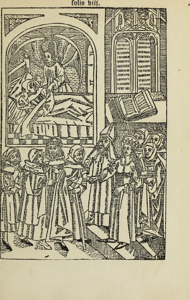 An illustration from Biblia pauperum, conteynynge thirty and eight wodecuttes illustrating the liif, parablis, and miraclis offe oure blessid Lord & Saviour Jhesus Crist, with the proper descrypciouns therof extracted fro the originall texte offe Iohn Wiclif.., 1885, leaf 18