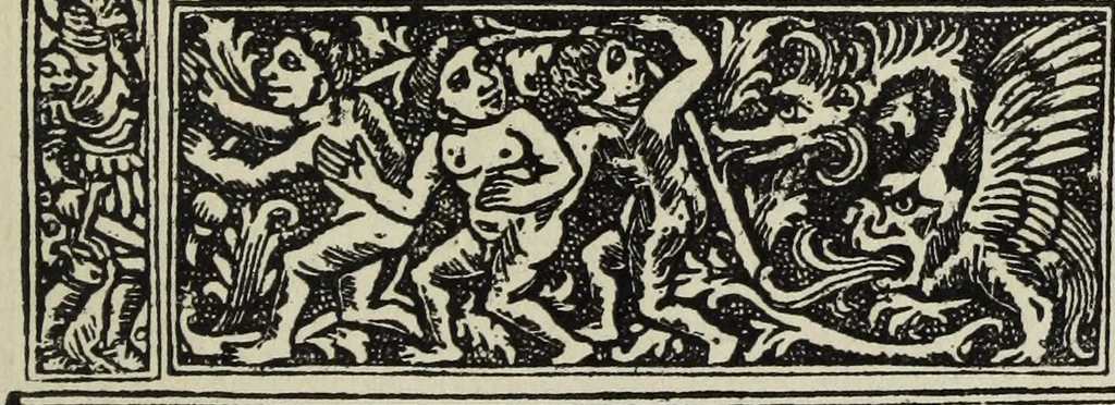 An illustration from Biblia pauperum, conteynynge thirty and eight wodecuttes illustrating the liif, parablis, and miraclis offe oure blessid Lord & Saviour Jhesus Crist, with the proper descrypciouns therof extracted fro the originall texte offe Iohn Wiclif.., 1885, leaf 20
