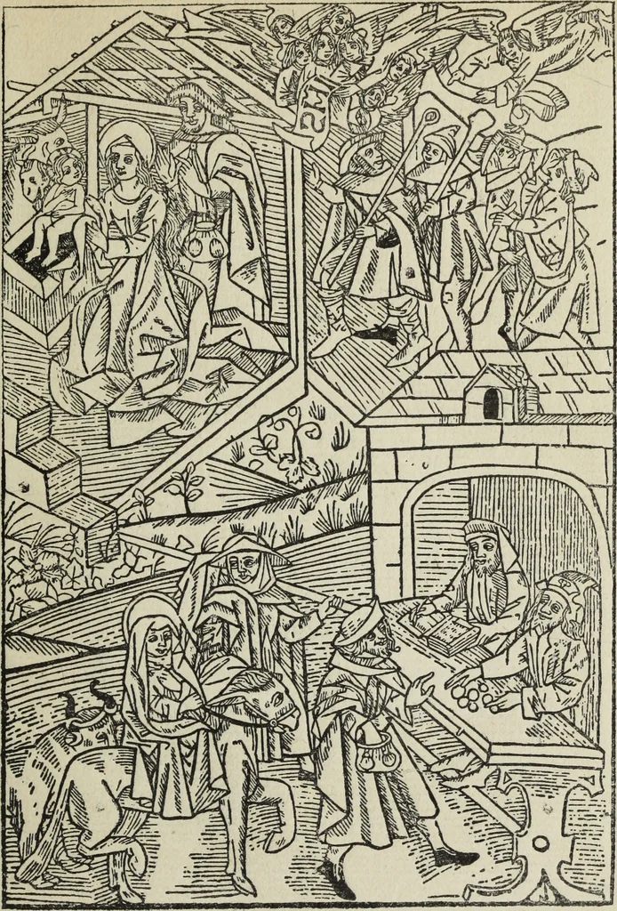 An illustration from Biblia pauperum, conteynynge thirty and eight wodecuttes illustrating the liif, parablis, and miraclis offe oure blessid Lord & Saviour Jhesus Crist, with the proper descrypciouns therof extracted fro the originall texte offe Iohn Wiclif.., 1885, leaf 22
