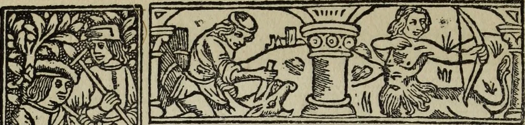 An illustration from Biblia pauperum, conteynynge thirty and eight wodecuttes illustrating the liif, parablis, and miraclis offe oure blessid Lord & Saviour Jhesus Crist, with the proper descrypciouns therof extracted fro the originall texte offe Iohn Wiclif.., 1885, leaf 25