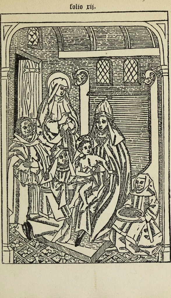 An illustration from Biblia pauperum, conteynynge thirty and eight wodecuttes illustrating the liif, parablis, and miraclis offe oure blessid Lord & Saviour Jhesus Crist, with the proper descrypciouns therof extracted fro the originall texte offe Iohn Wiclif.., 1885, leaf 26