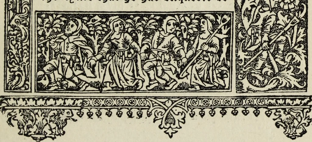 An illustration from Biblia pauperum, conteynynge thirty and eight wodecuttes illustrating the liif, parablis, and miraclis offe oure blessid Lord & Saviour Jhesus Crist, with the proper descrypciouns therof extracted fro the originall texte offe Iohn Wiclif.., 1885, leaf 28