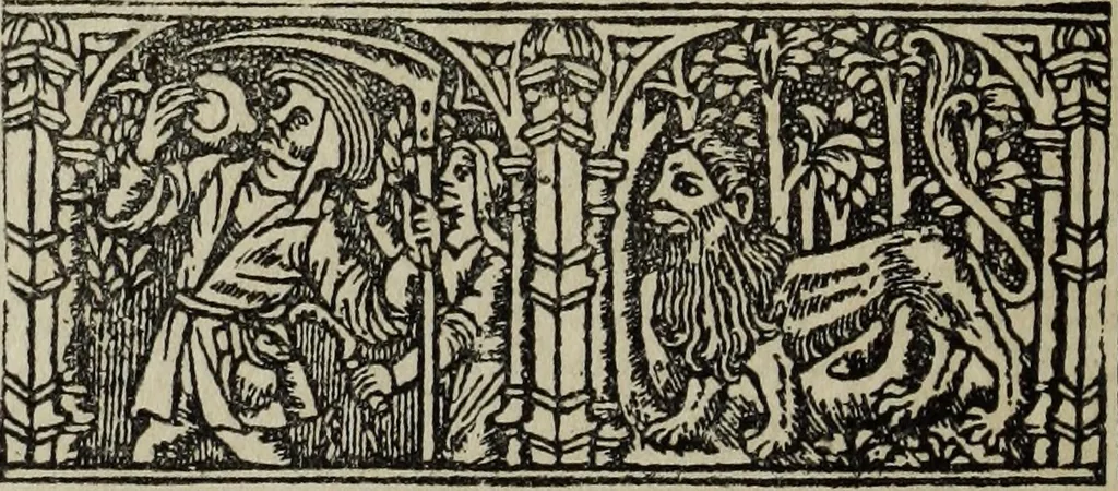An illustration from Biblia pauperum, conteynynge thirty and eight wodecuttes illustrating the liif, parablis, and miraclis offe oure blessid Lord & Saviour Jhesus Crist, with the proper descrypciouns therof extracted fro the originall texte offe Iohn Wiclif.., 1885, leaf 29
