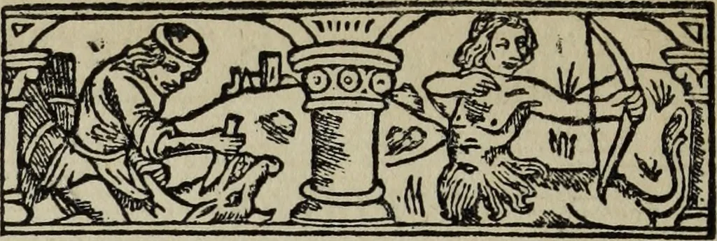 An illustration from Biblia pauperum, conteynynge thirty and eight wodecuttes illustrating the liif, parablis, and miraclis offe oure blessid Lord & Saviour Jhesus Crist, with the proper descrypciouns therof extracted fro the originall texte offe Iohn Wiclif.., 1885, leaf 33