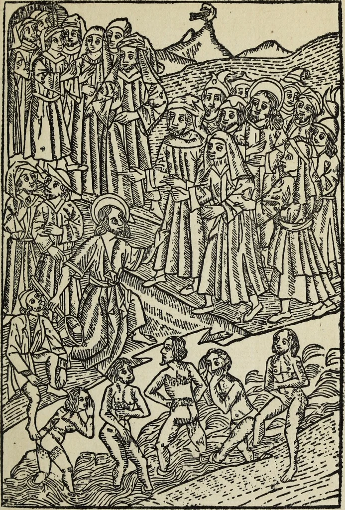 An illustration from Biblia pauperum, conteynynge thirty and eight wodecuttes illustrating the liif, parablis, and miraclis offe oure blessid Lord & Saviour Jhesus Crist, with the proper descrypciouns therof extracted fro the originall texte offe Iohn Wiclif.., 1885, leaf 34