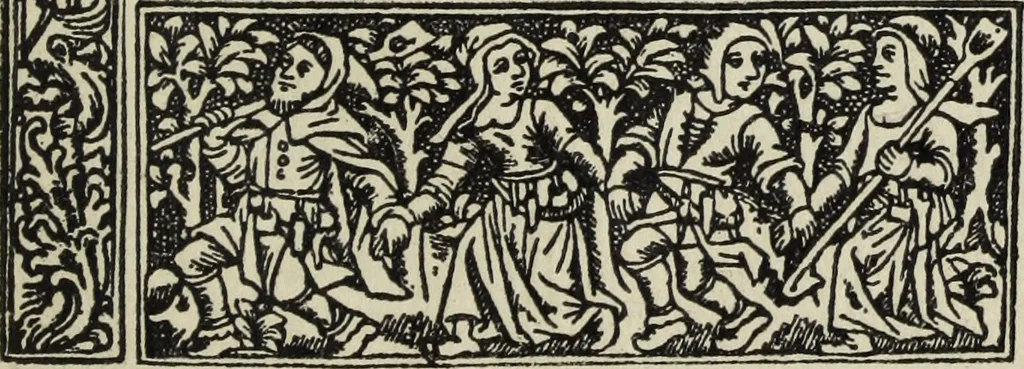 An illustration from Biblia pauperum, conteynynge thirty and eight wodecuttes illustrating the liif, parablis, and miraclis offe oure blessid Lord & Saviour Jhesus Crist, with the proper descrypciouns therof extracted fro the originall texte offe Iohn Wiclif.., 1885, leaf 36