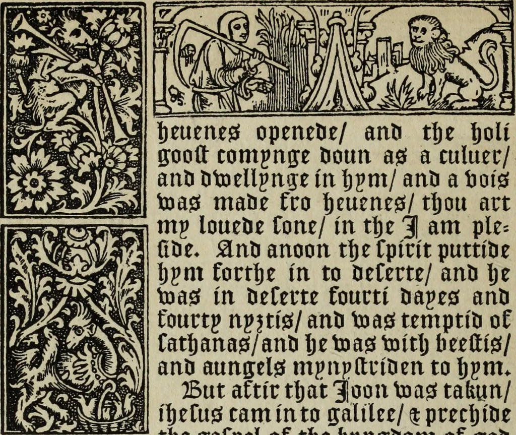 An illustration from Biblia pauperum, conteynynge thirty and eight wodecuttes illustrating the liif, parablis, and miraclis offe oure blessid Lord & Saviour Jhesus Crist, with the proper descrypciouns therof extracted fro the originall texte offe Iohn Wiclif.., 1885, leaf 37