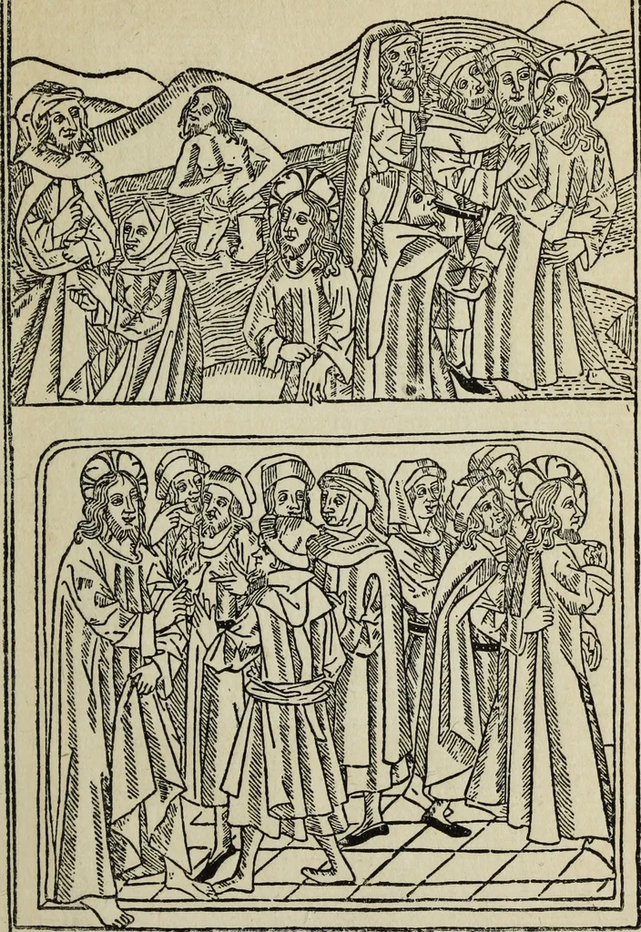 An illustration from Biblia pauperum, conteynynge thirty and eight wodecuttes illustrating the liif, parablis, and miraclis offe oure blessid Lord & Saviour Jhesus Crist, with the proper descrypciouns therof extracted fro the originall texte offe Iohn Wiclif.., 1885, leaf 38