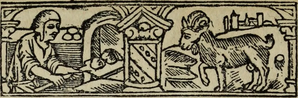 An illustration from Biblia pauperum, conteynynge thirty and eight wodecuttes illustrating the liif, parablis, and miraclis offe oure blessid Lord & Saviour Jhesus Crist, with the proper descrypciouns therof extracted fro the originall texte offe Iohn Wiclif.., 1885, leaf 41