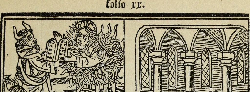 An illustration from Biblia pauperum, conteynynge thirty and eight wodecuttes illustrating the liif, parablis, and miraclis offe oure blessid Lord & Saviour Jhesus Crist, with the proper descrypciouns therof extracted fro the originall texte offe Iohn Wiclif.., 1885, leaf 42